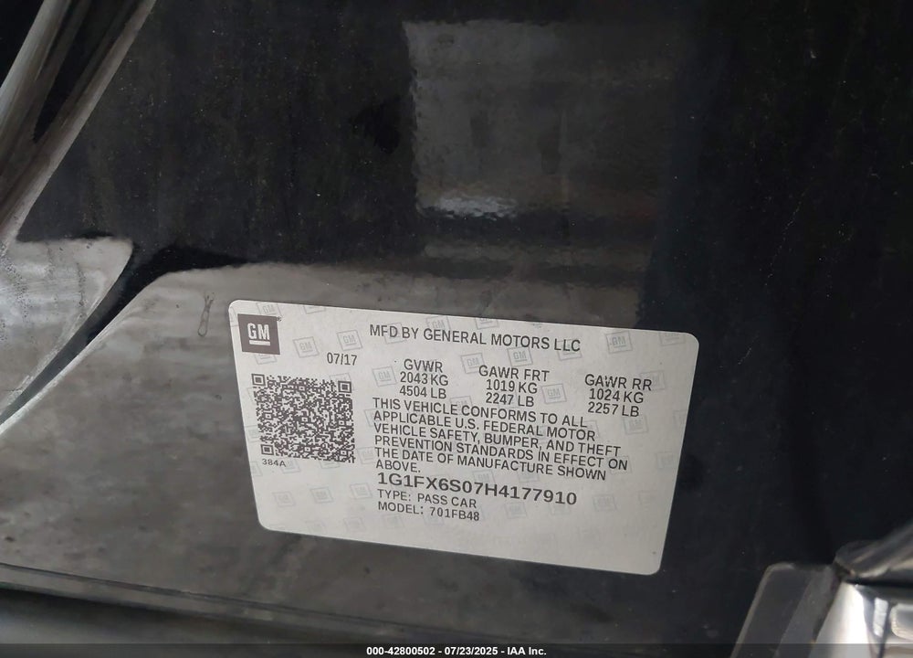 2017 CHEVROLET BOLT EV VIN: 1G1FX6S07H4177910
