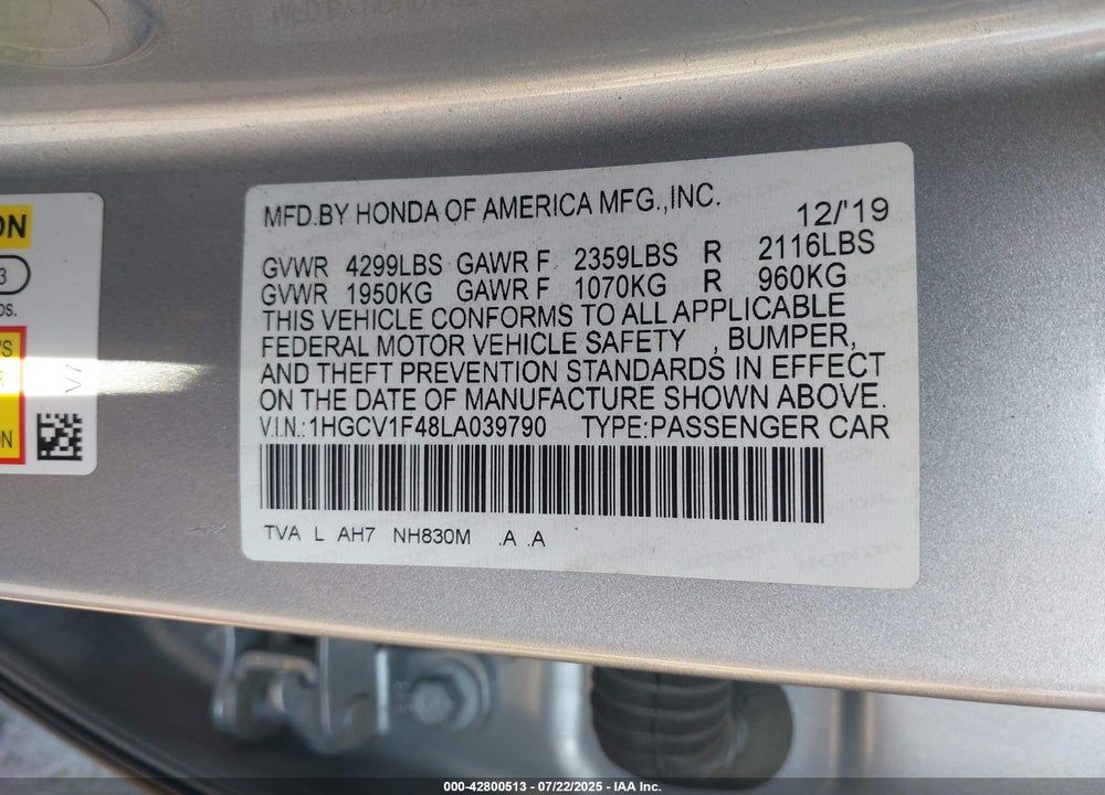 2020 HONDA ACCORD VIN: 1HGCV1F48LA039790