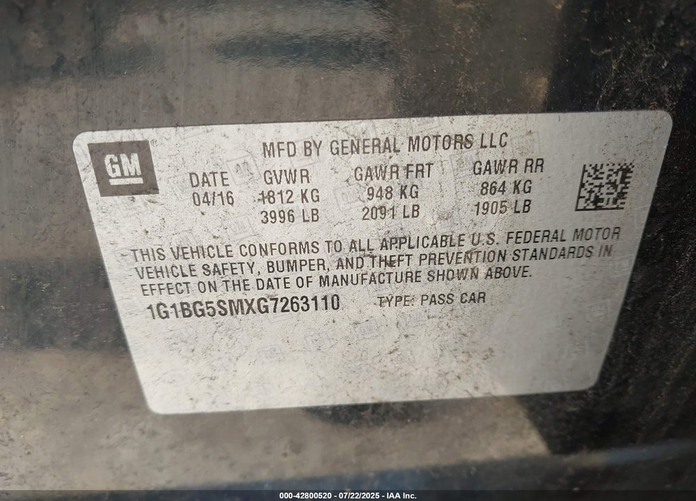 2016 CHEVROLET CRUZE VIN: 1G1BG5SMXG7263110