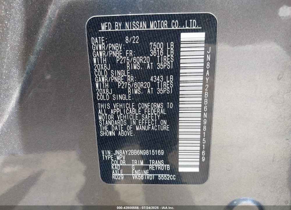 2022 NISSAN ARMADA SL 4WD VIN: JN8AY2BB6N9815169
