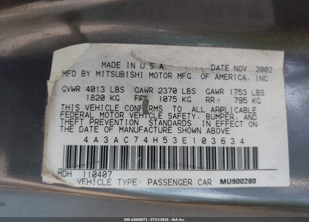 2003 MITSUBISHI ECLIPSE VIN: 4A3AC74H53E103634
