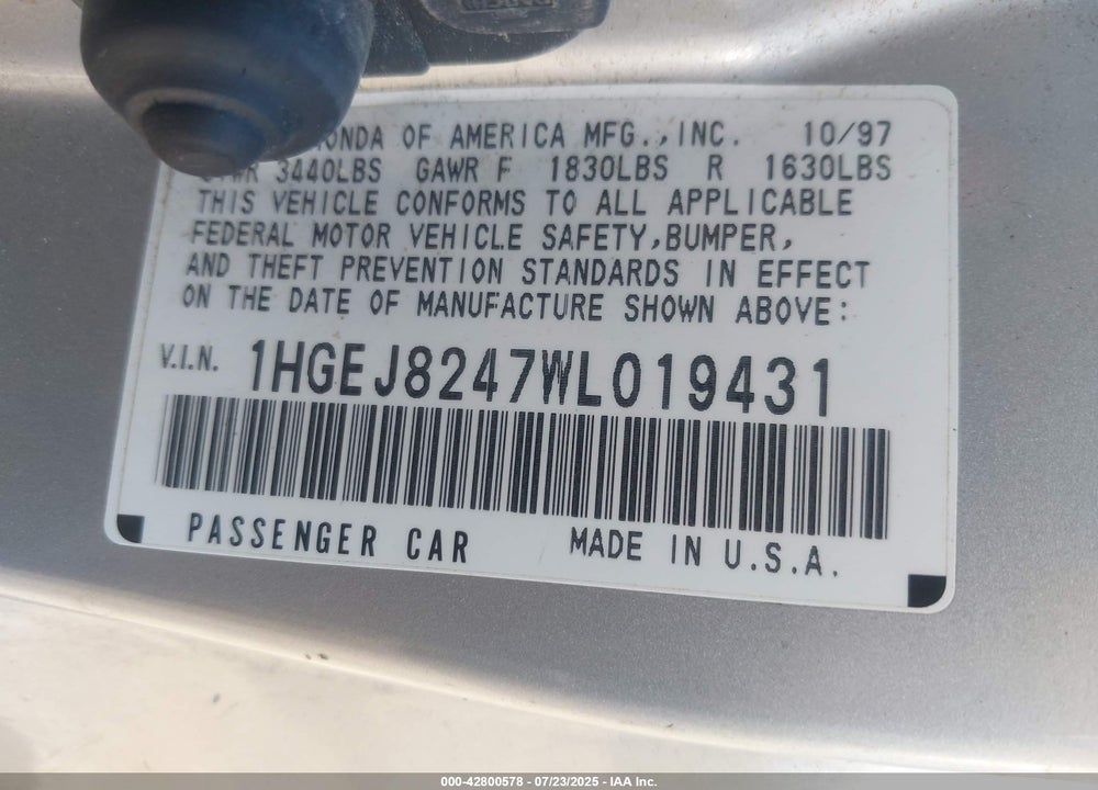 1998 HONDA CIVIC VIN: 1HGEJ8247WL019431