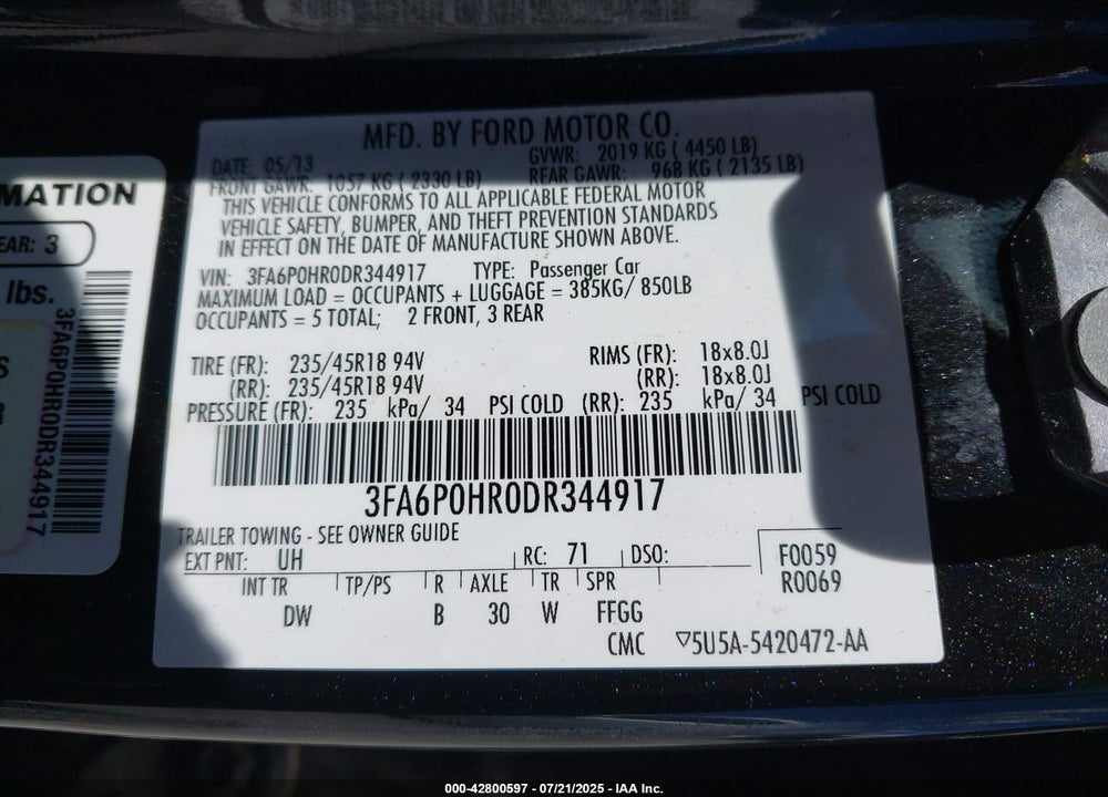 2013 FORD FUSION VIN: 3FA6P0HR0DR344917