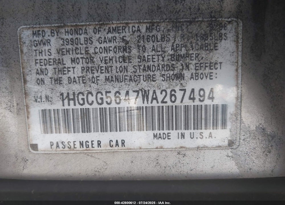 1998 HONDA ACCORD LX VIN: 1HGCG5647WA267494