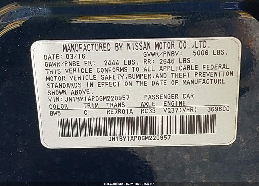 2016 INFINITI Q70 VIN: JN1BY1AP0GM220957