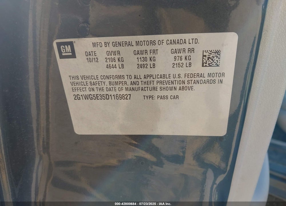 2013 CHEVROLET IMPALA VIN: 2G1WG5E35D1169827