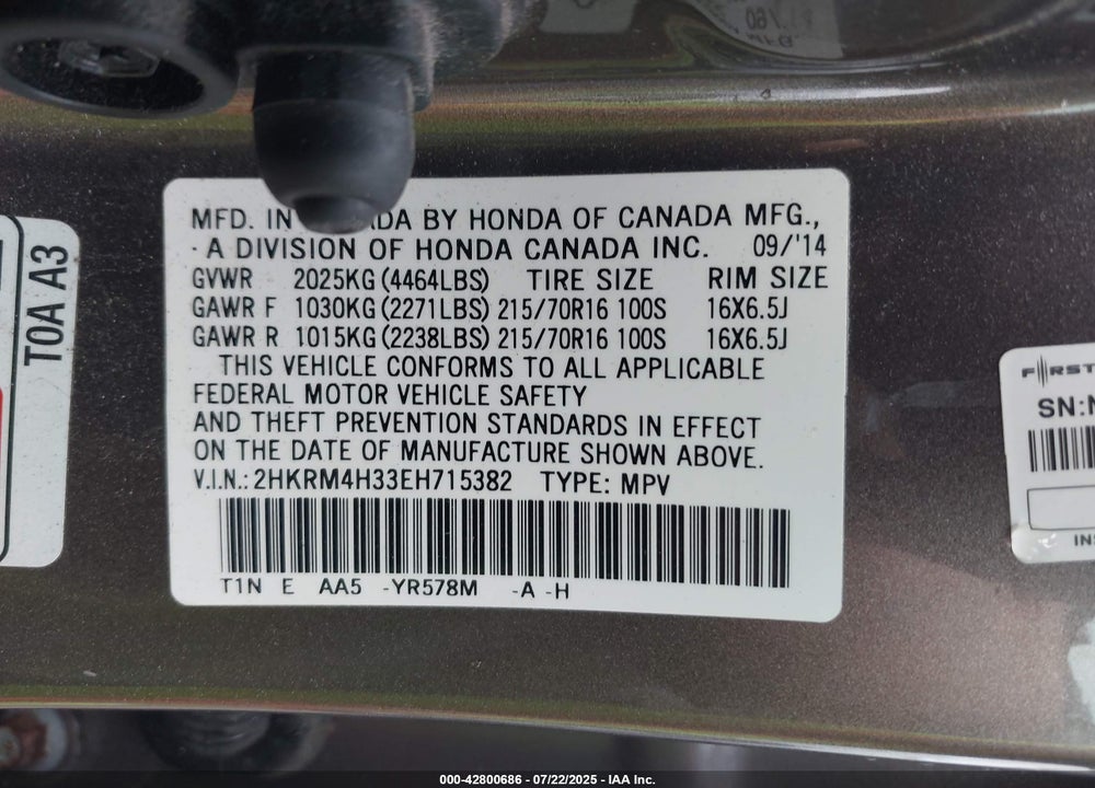 2014 HONDA CR-V VIN: 2HKRM4H33EH715382