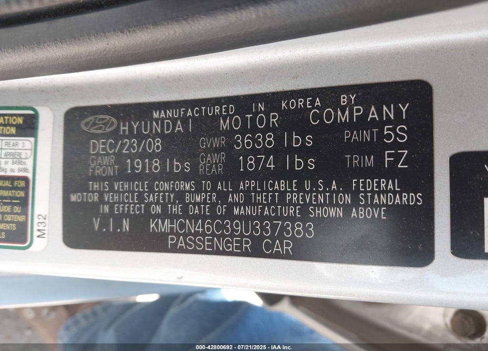 2009 HYUNDAI ACCENT VIN: KMHCN46C39U337383
