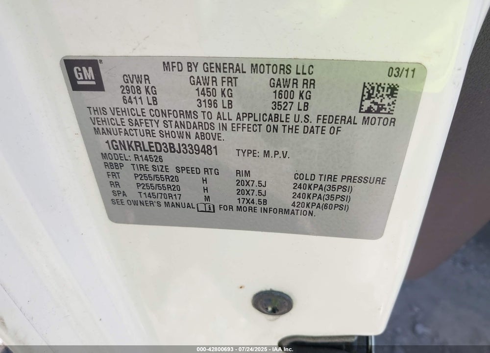 2011 CHEVROLET TRAVERSE VIN: 1GNKRLED3BJ339481