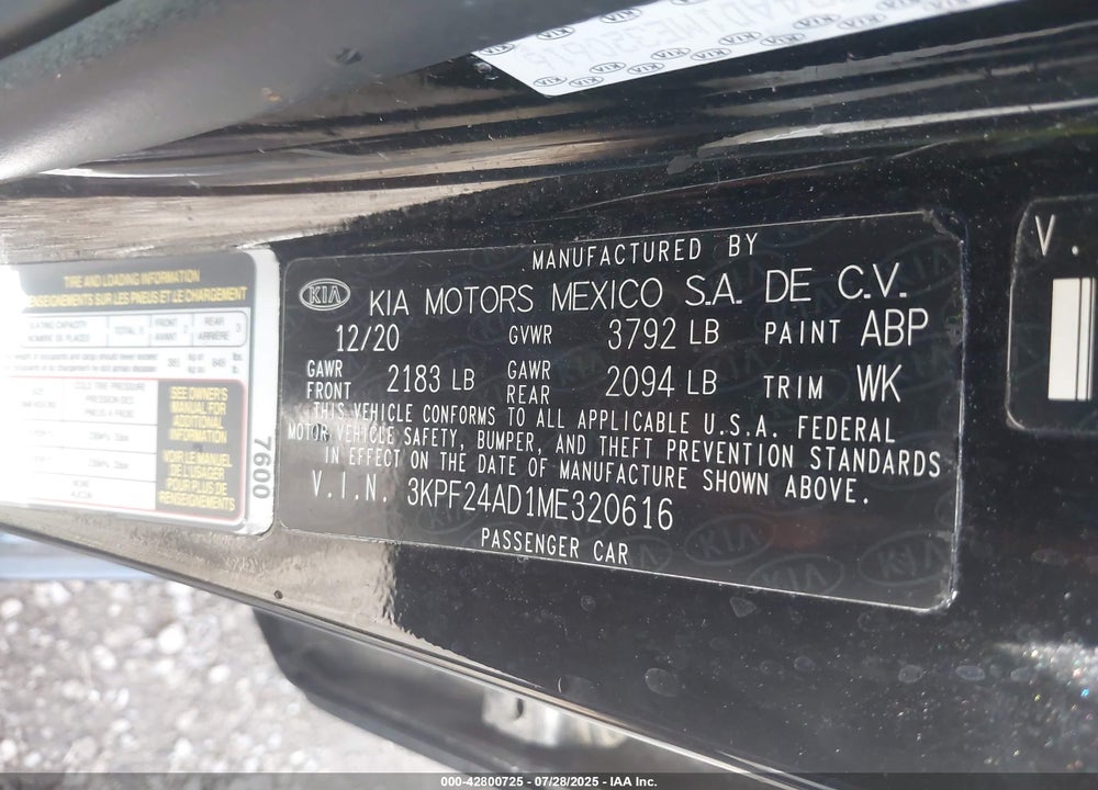 2021 KIA FORTE VIN: 3KPF24AD1ME320616