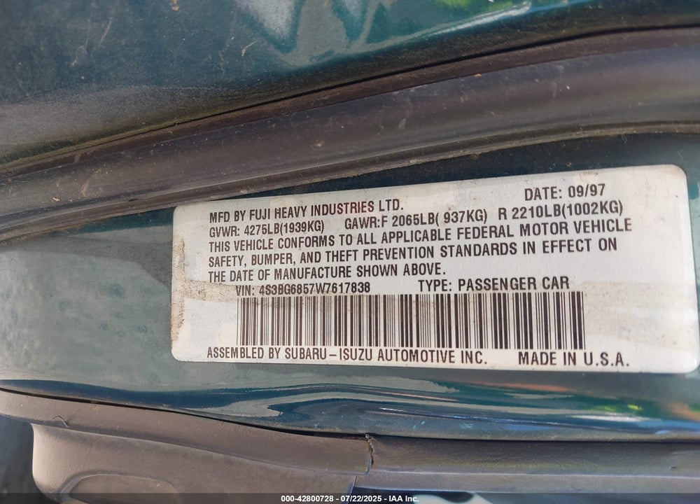 1998 SUBARU LEGACY OUTBACK/OUTBACK LIMITED/OUTBACK SPORT VIN: 4S3BG6857W7617838