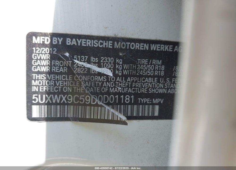 2013 BMW X3 VIN: 5UXWX9C59D0D01181