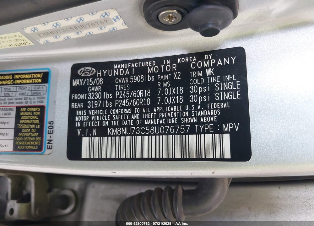 2008 HYUNDAI VERACRUZ VIN: KM8NU73C58U076757
