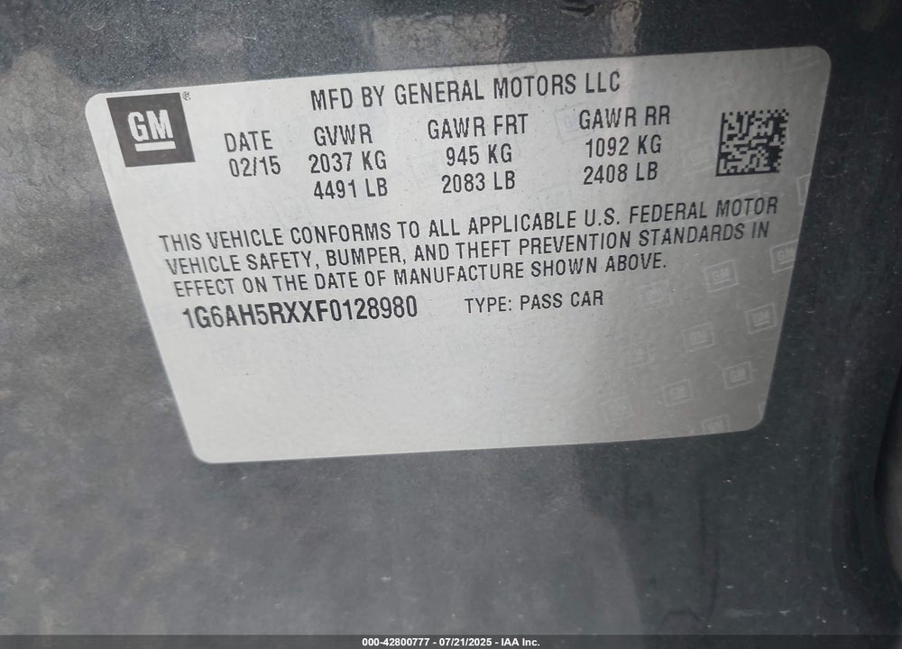 2015 CADILLAC ATS VIN: 1G6AH5RXXF0128980
