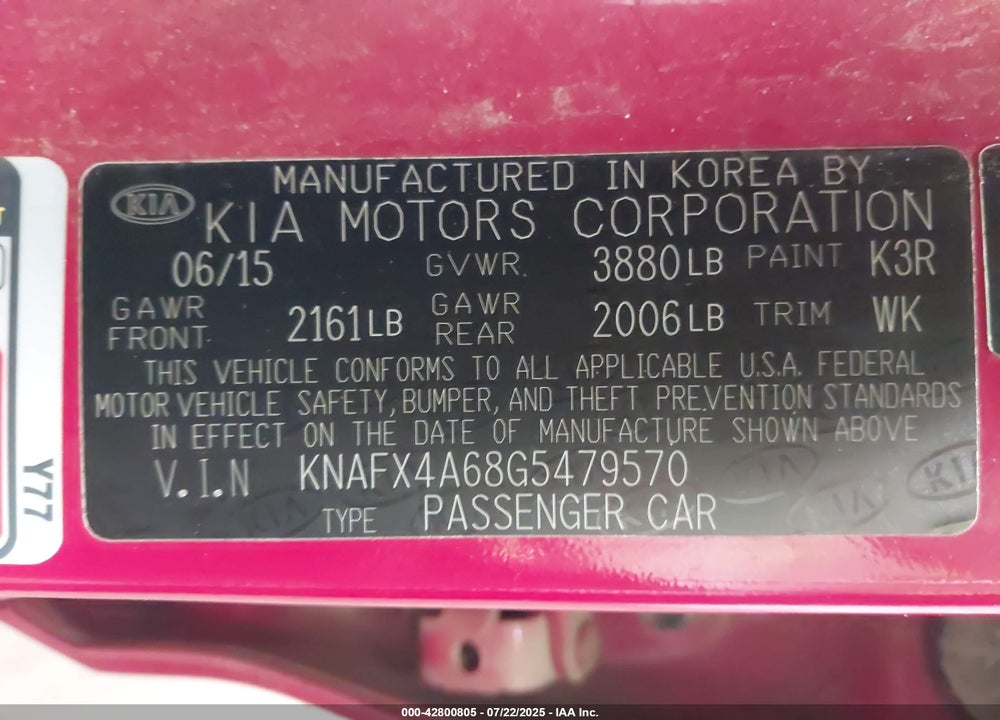 2016 KIA FORTE VIN: KNAFX4A68G5479570
