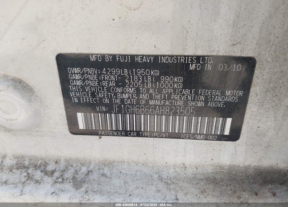 2010 SUBARU IMPREZA VIN: JF1GH6B66AH823505