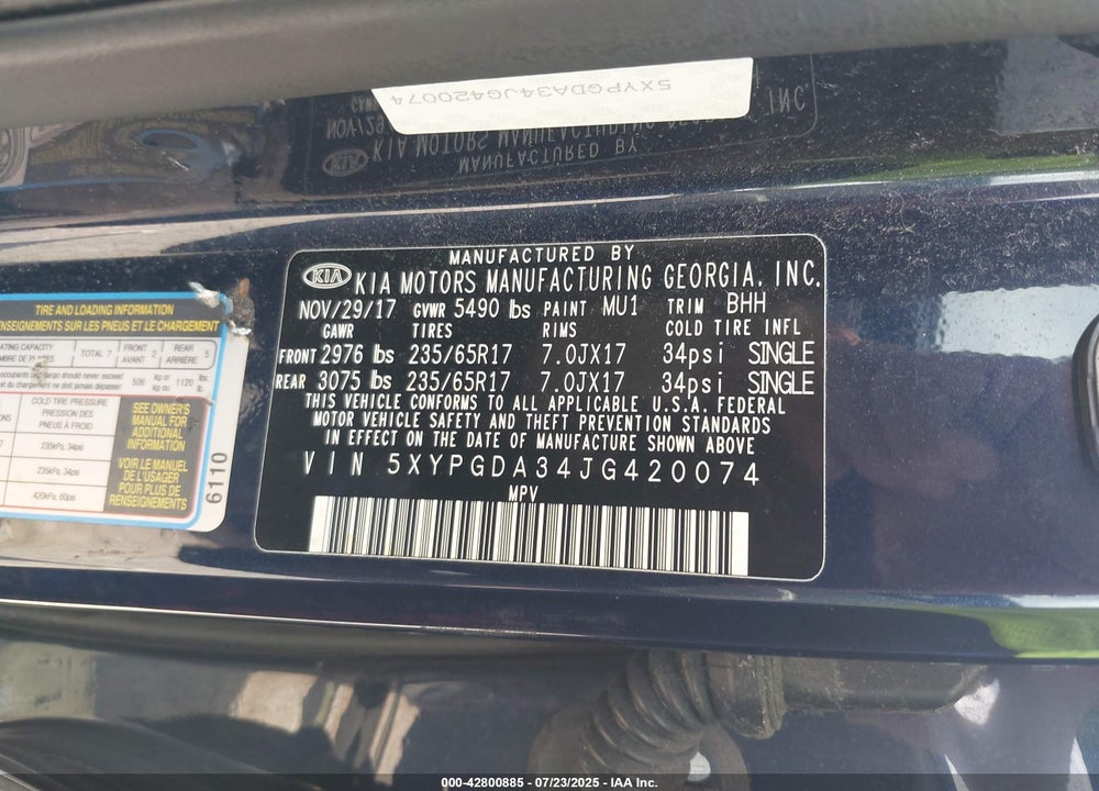 2018 KIA SORENTO VIN: 5XYPGDA34JG420074