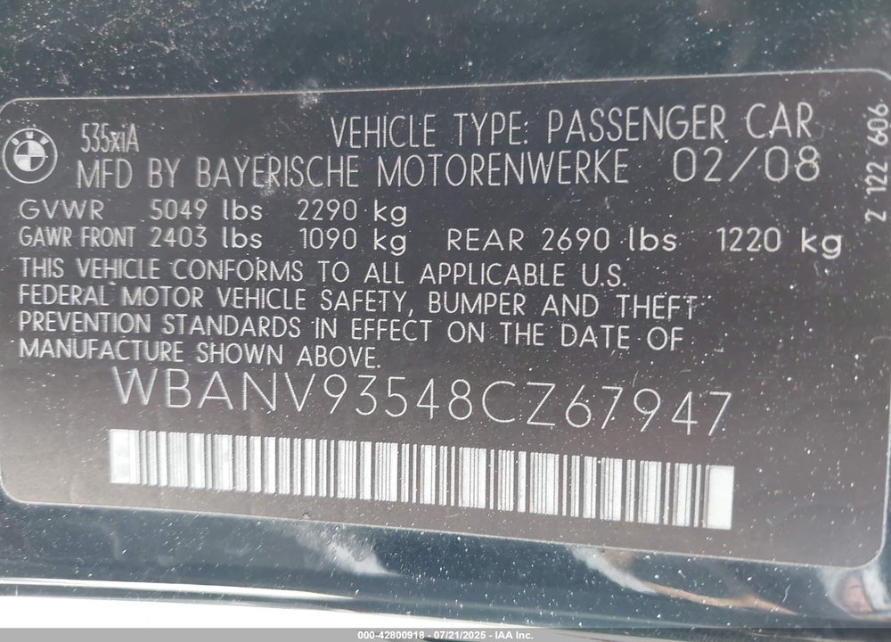 2008 BMW 5 SERIES VIN: WBANV93548CZ67947