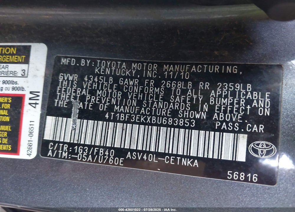 2011 TOYOTA CAMRY VIN: 4T1BF3EKXBU683853
