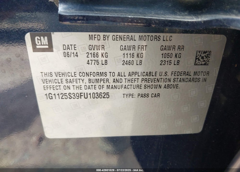 2015 CHEVROLET IMPALA VIN: 1G1125S39FU103625