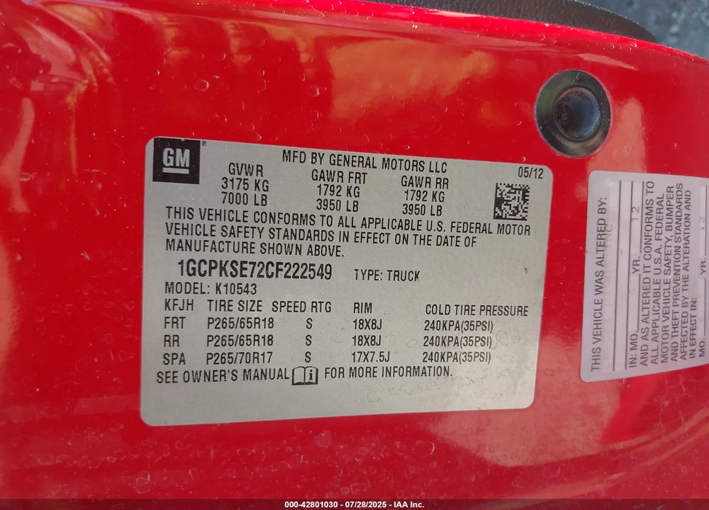 2012 CHEVROLET SILVERADO 1500 LT VIN: 1GCPKSE72CF222549
