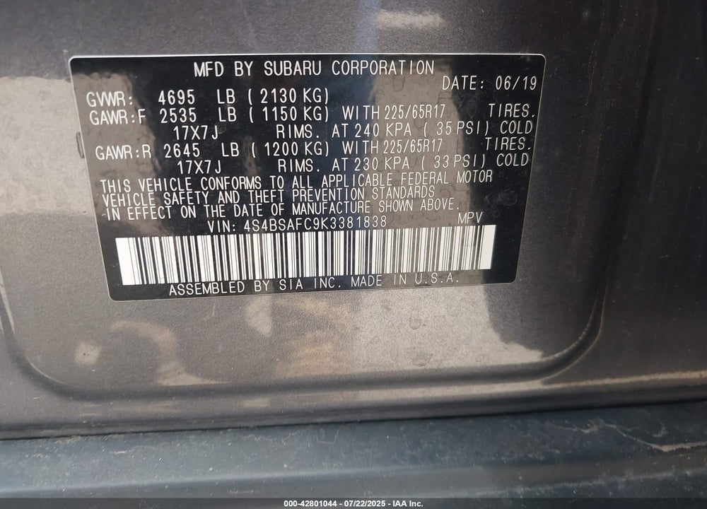 2019 SUBARU OUTBACK VIN: 4S4BSAFC9K3381838
