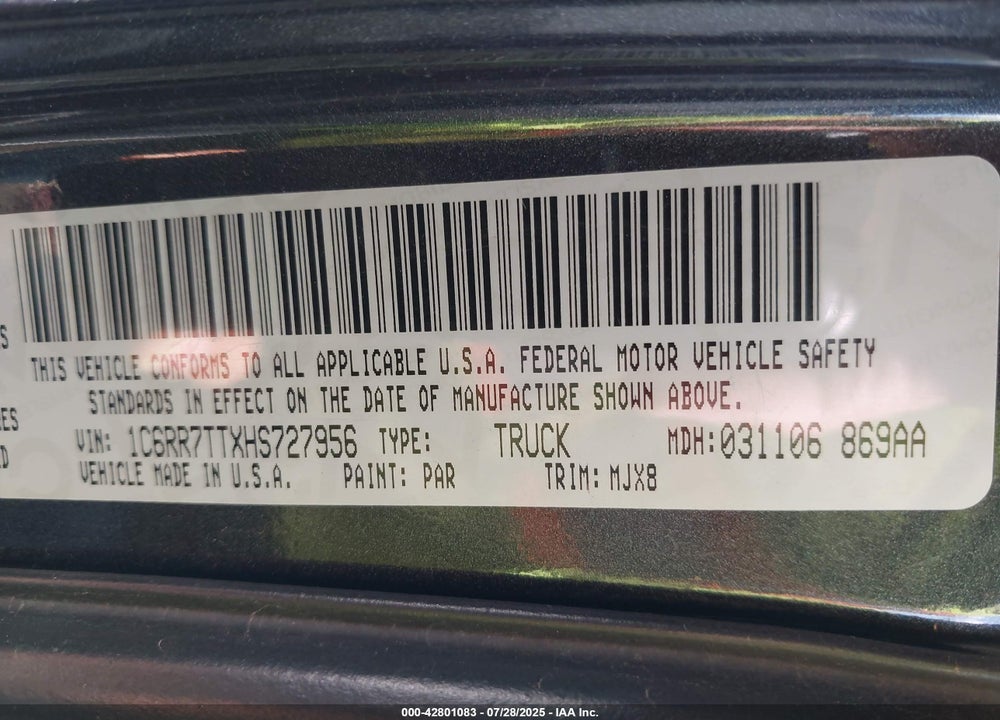 2017 RAM 1500 VIN: 1C6RR7TTXHS727956