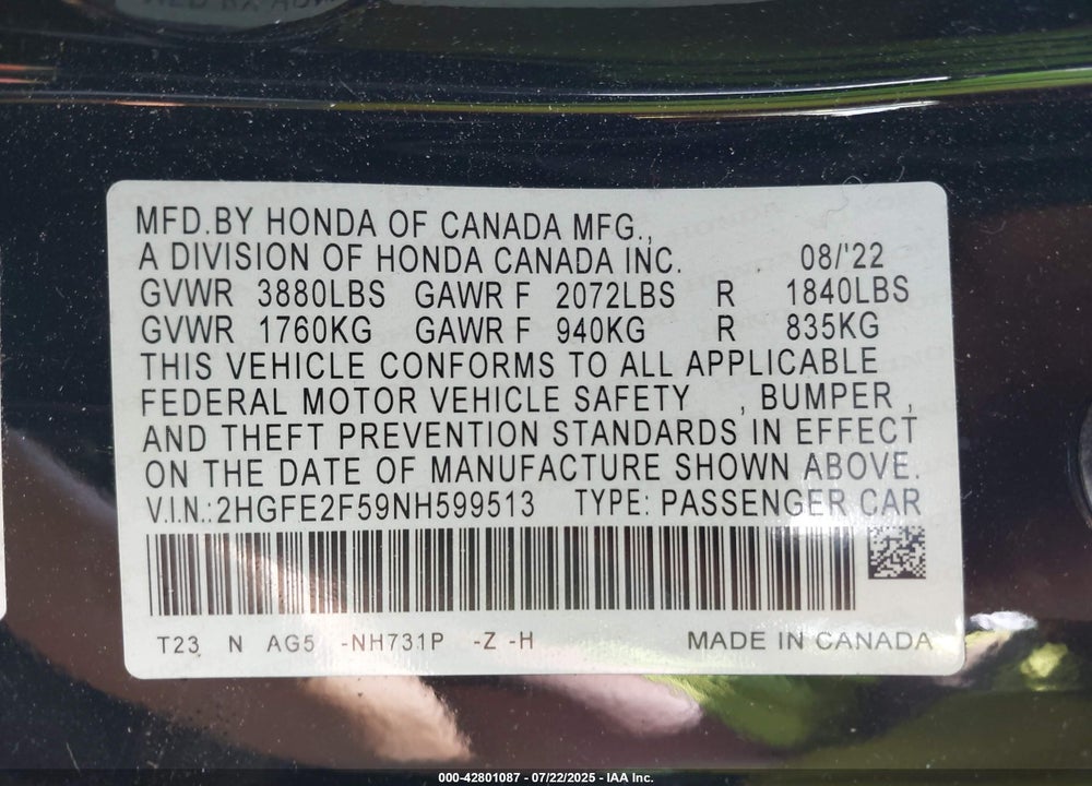 2022 HONDA CIVIC VIN: 2HGFE2F59NH599513