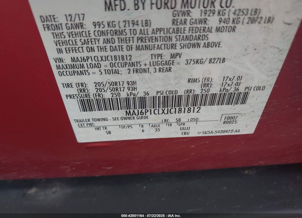 2018 FORD ECOSPORT VIN: MAJ6P1CLXJC181812