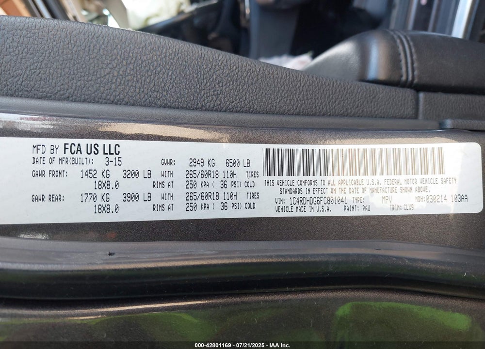 2015 DODGE DURANGO VIN: 1C4RDHDG6FC801041