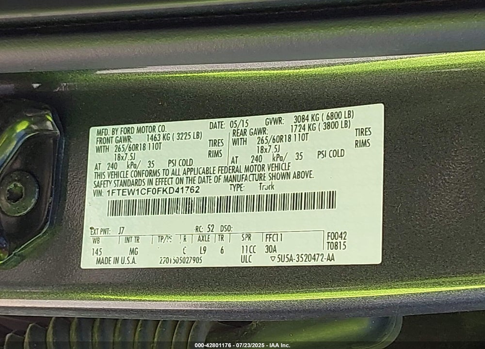 2015 FORD F-150 VIN: 1FTEW1CF0FKD41762