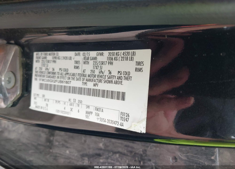 2015 FORD ESCAPE SE VIN: 1FMCU0GX2FUB61807