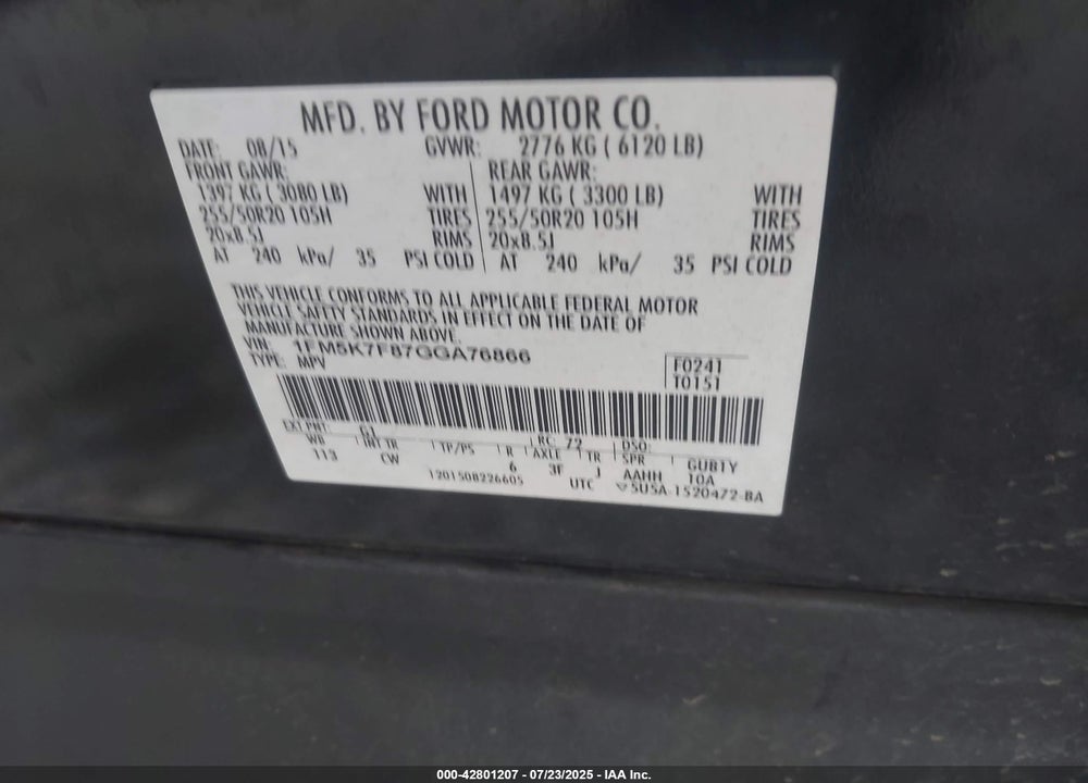 2016 FORD EXPLORER VIN: 1FM5K7F87GGA76866