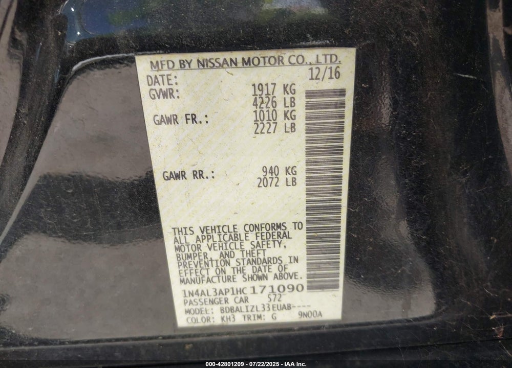 2017 NISSAN ALTIMA VIN: 1N4AL3AP1HC171090