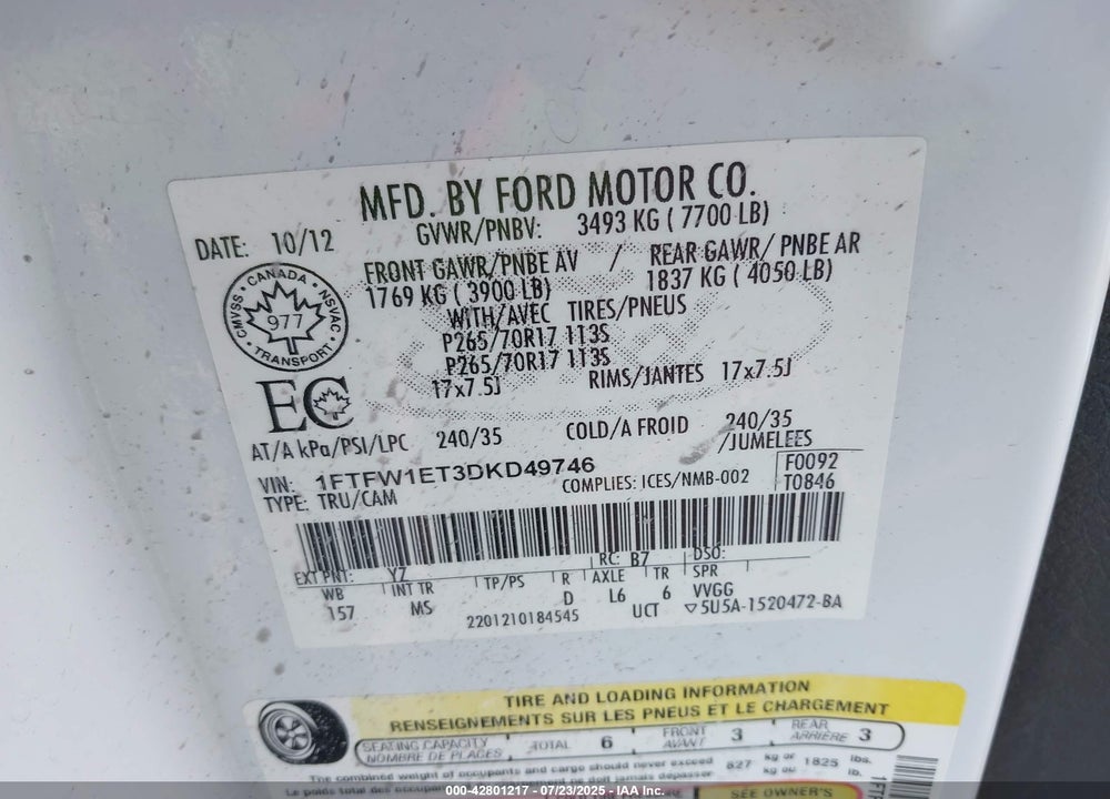 2013 FORD F-150 VIN: 1FTFW1ET3DKD49746