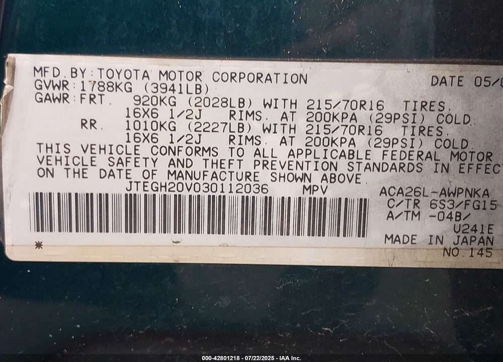 2003 TOYOTA RAV4 VIN: JTEGH20V030112036