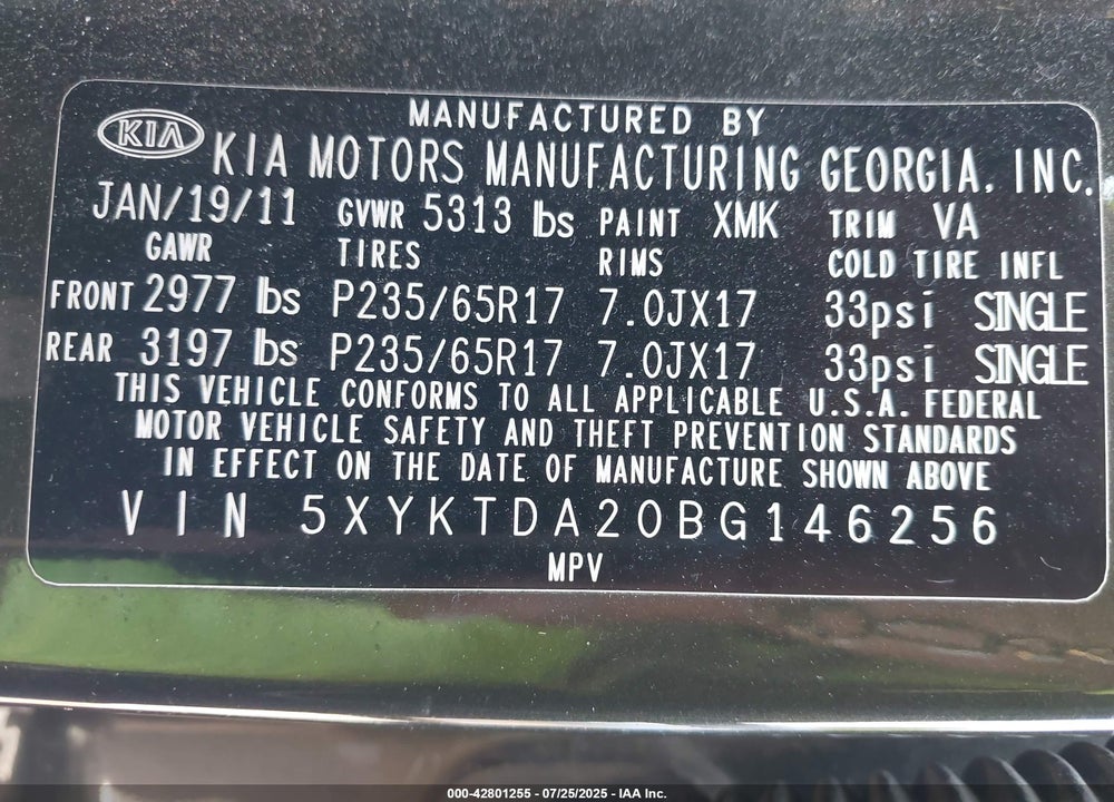 2011 KIA SORENTO VIN: 5XYKTDA20BG146256