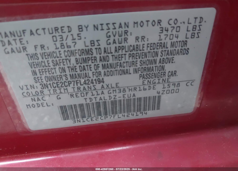 2015 NISSAN VERSA NOTE VIN: 3N1CE2CP7FL424194