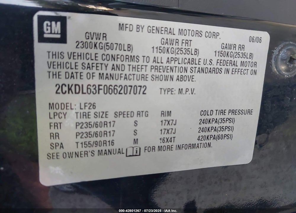 2006 PONTIAC TORRENT VIN: 2CKDL63F066207072
