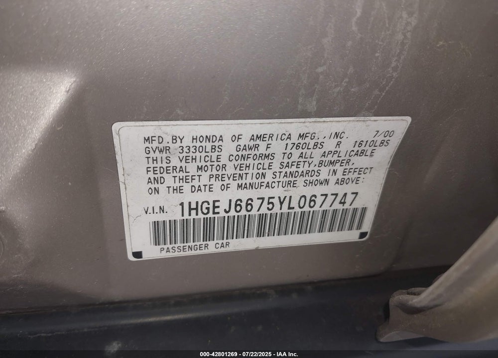 2000 HONDA CIVIC LX VIN: 1HGEJ6675YL067747
