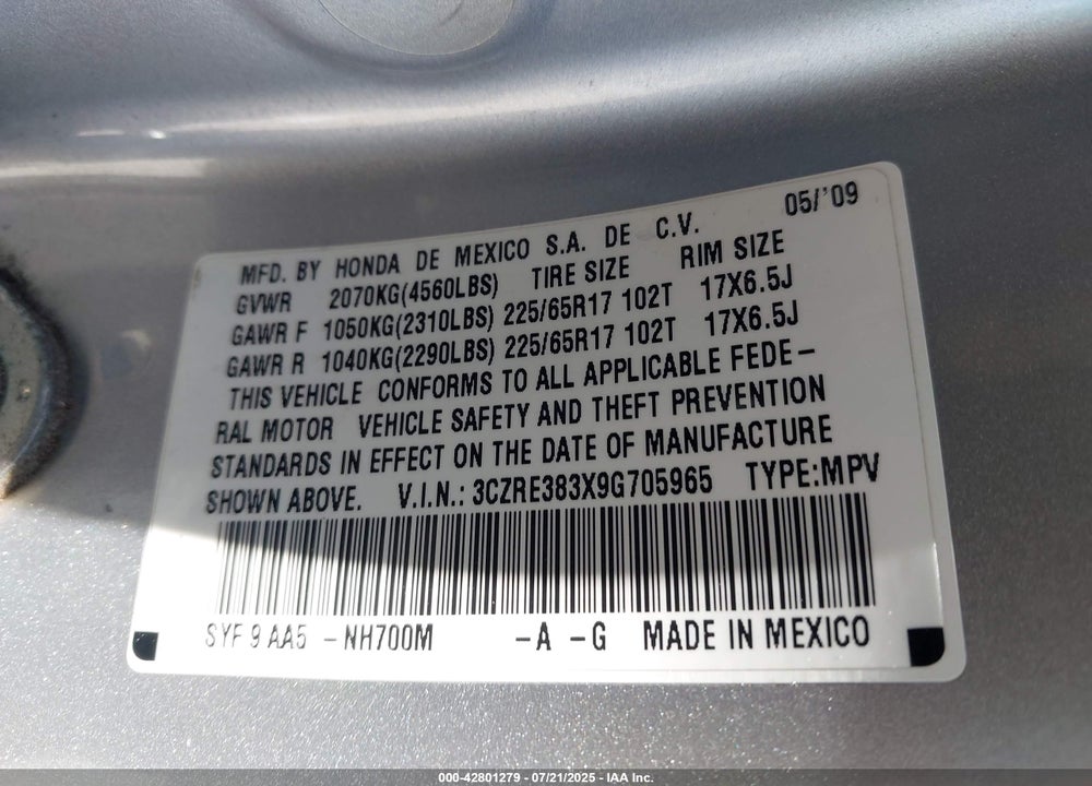 2009 HONDA CR-V VIN: 3CZRE383X9G705965