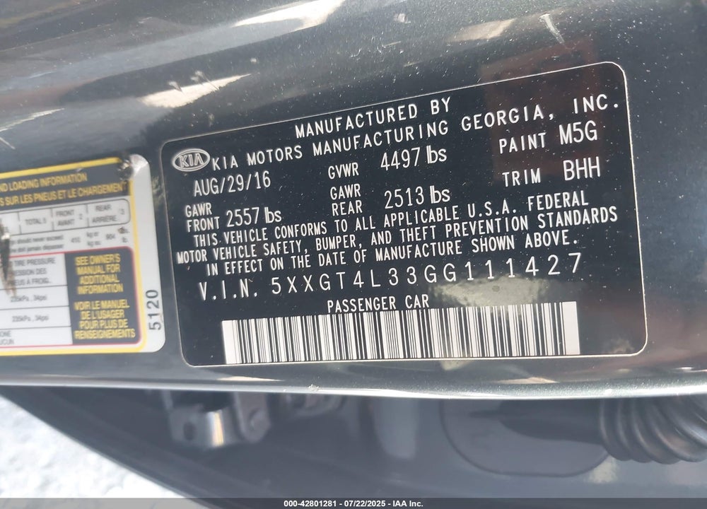 2016 KIA OPTIMA VIN: 5XXGT4L33GG111427
