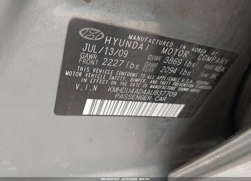 2010 HYUNDAI ELANTRA VIN: KMHDU4AD4AU837709