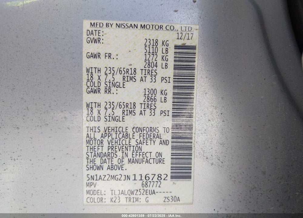 2018 NISSAN MURANO VIN: 5N1AZ2MG2JN116782
