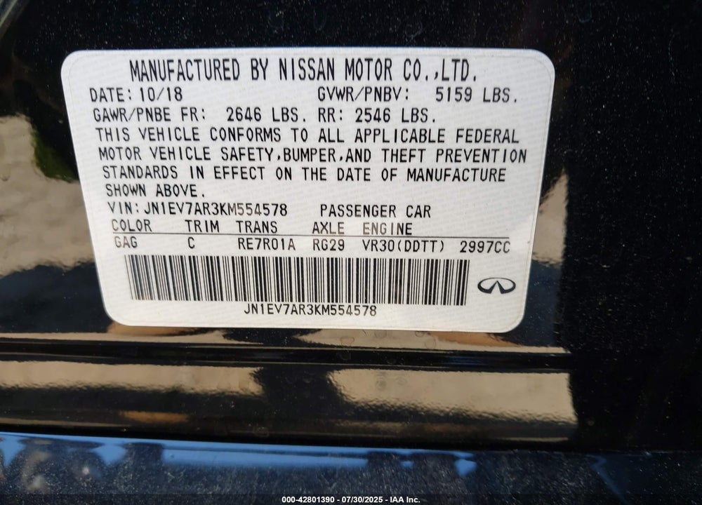 2019 INFINITI Q50 VIN: JN1EV7AR3KM554578