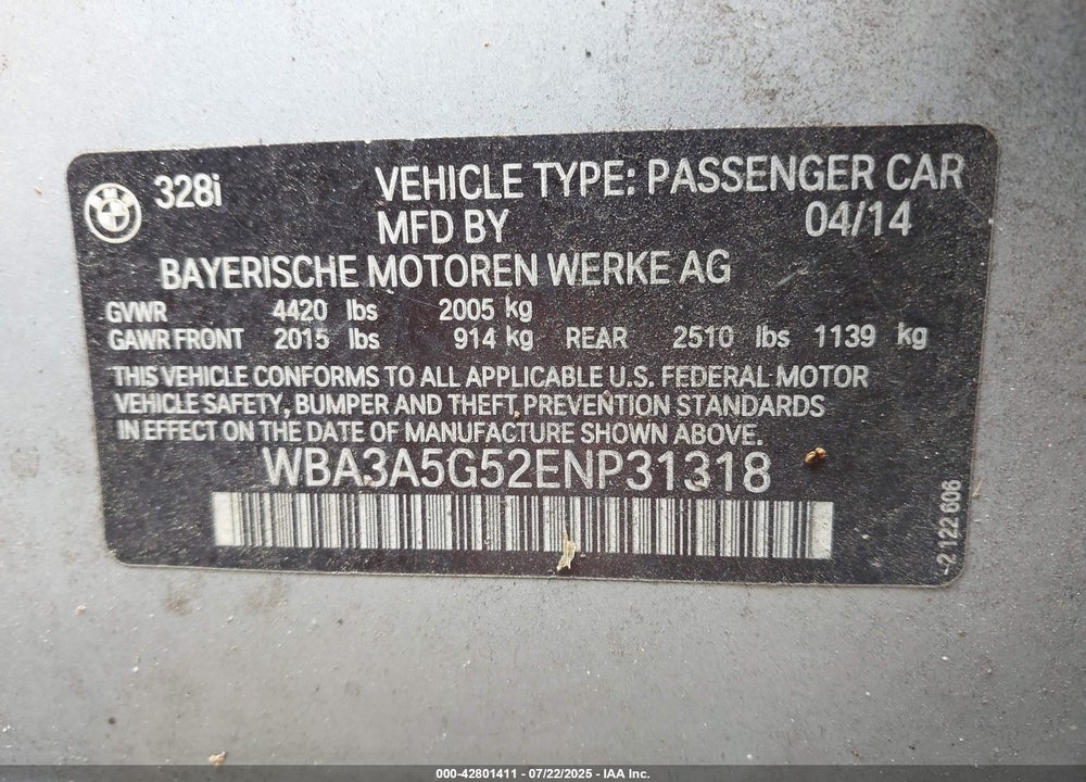2014 BMW 3 SERIES VIN: WBA3A5G52ENP31318