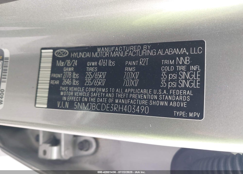 2024 HYUNDAI TUCSON VIN: 5NMJBCDE3RH403490
