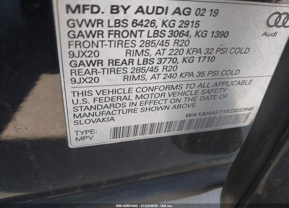 2019 AUDI Q7 VIN: WA1AHAF71KD032646
