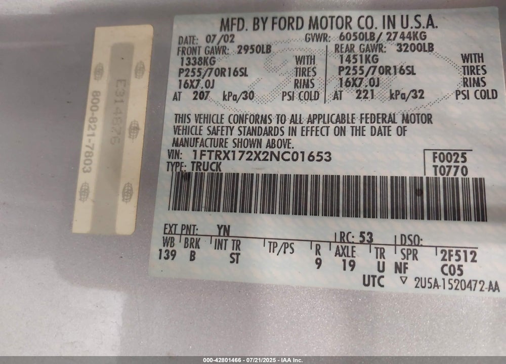 2002 FORD F-150 XL/XLT VIN: 1FTRX172X2NC01653