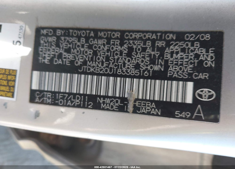 2008 TOYOTA PRIUS VIN: JTDKB20U183385161